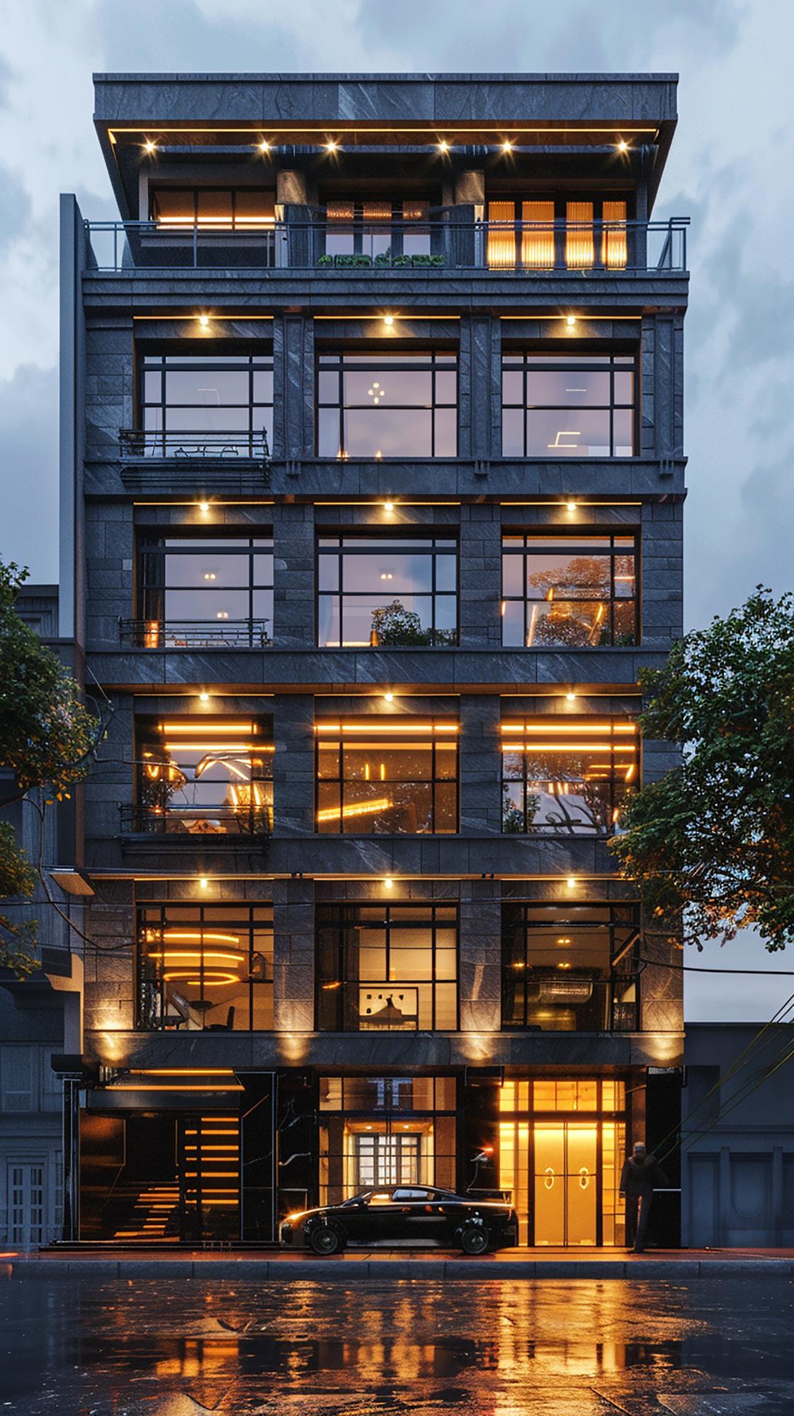 Faţadă elegantă a unui bloc modern, vedere de la stradă